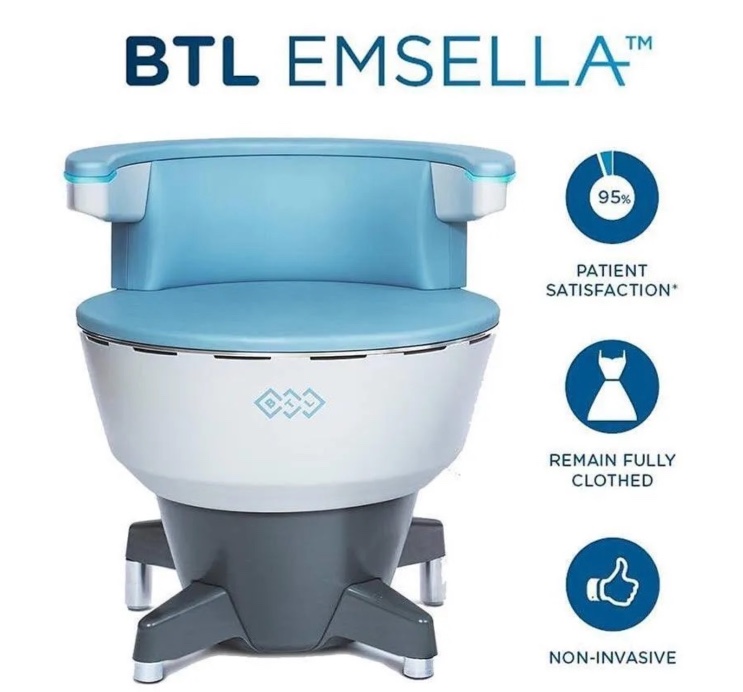 BTL Emsella pelvic floor treatment chair — patients remain fully clothed during the noninvasive session